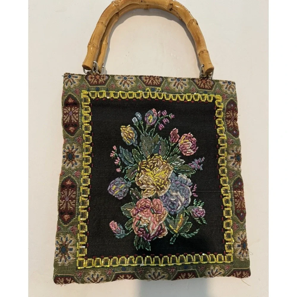 VTG 70s Beaded Floral Tapestry Bag Bamboo Handle Boho Handbag